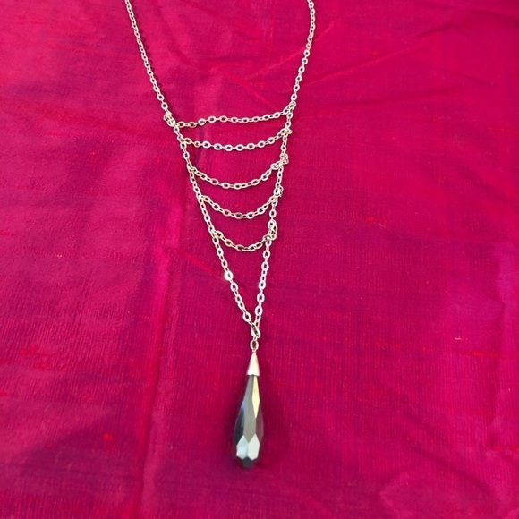 Jewelry - Silver Layered Chain Necklace with Black Teardrop Pendant